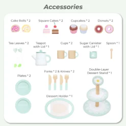 Afternoon Sip Wood Dessert Cart with 21 Pieces & Rotatable Wheels