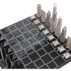 Chicago Edition Stainless Steel Chess Set with Wood Map Board