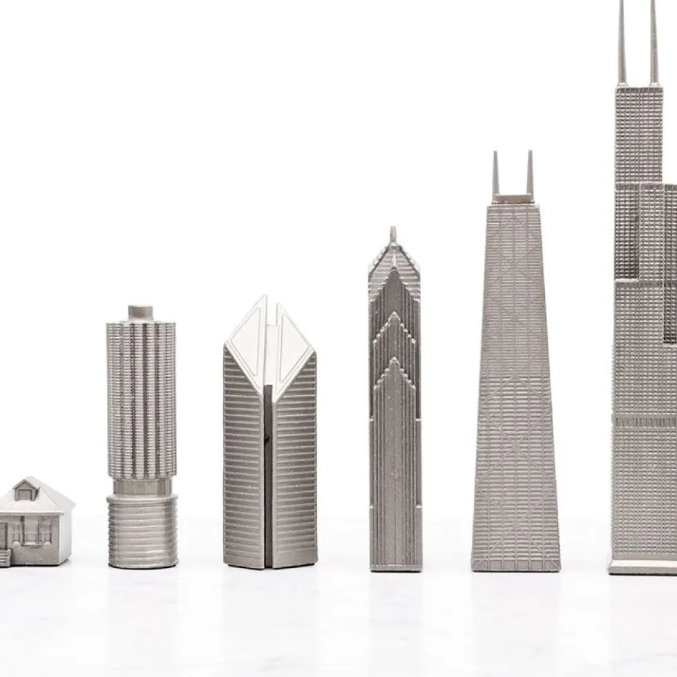 Chicago Edition Stainless Steel Chess Set with Marble Hatch Board