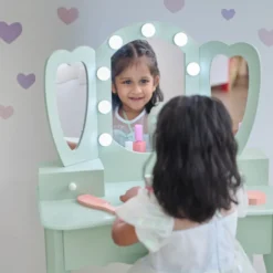 Heart Glow Wooden Vanity Set with LED Lights Mirror & Stool - Sage Green