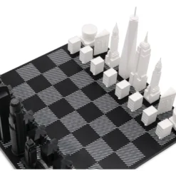 New York Versus Los Angeles Acrylic Chess Set with Black and White Wood Hatch Board