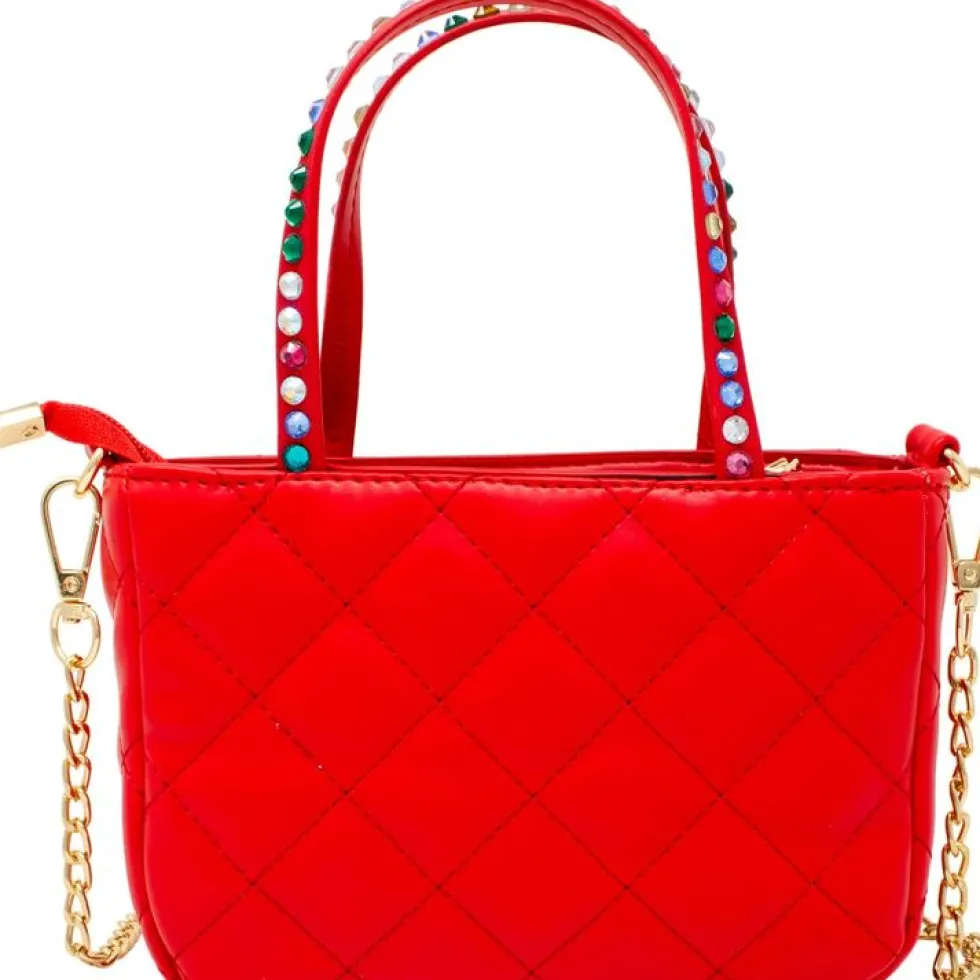 Quilted Rhinestone Tote Bag - Red