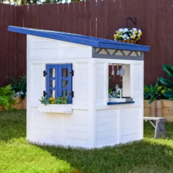 Rainbow Shade Wooden Playhouse with Kitchen, Flower Box & Bench - White