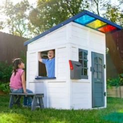 Rainbow Shade Wooden Playhouse with Kitchen, Flower Box & Bench - White