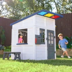 Rainbow Shade Wooden Playhouse with Kitchen, Flower Box & Bench - White