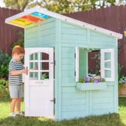 Rainbow Shade Wooden Playhouse with Kitchen, Flower Box & Bench - Blue