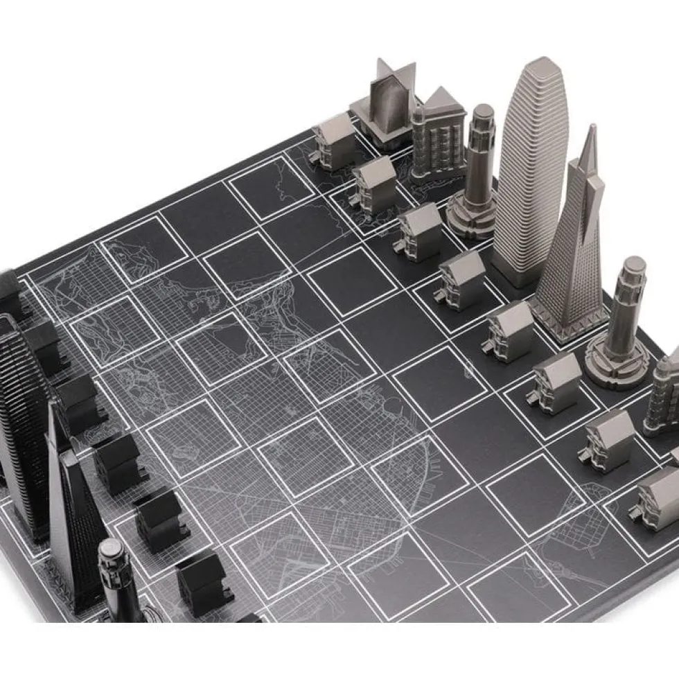 San Francisco Edition Stainless Steel Chess Set with Wood Map Board