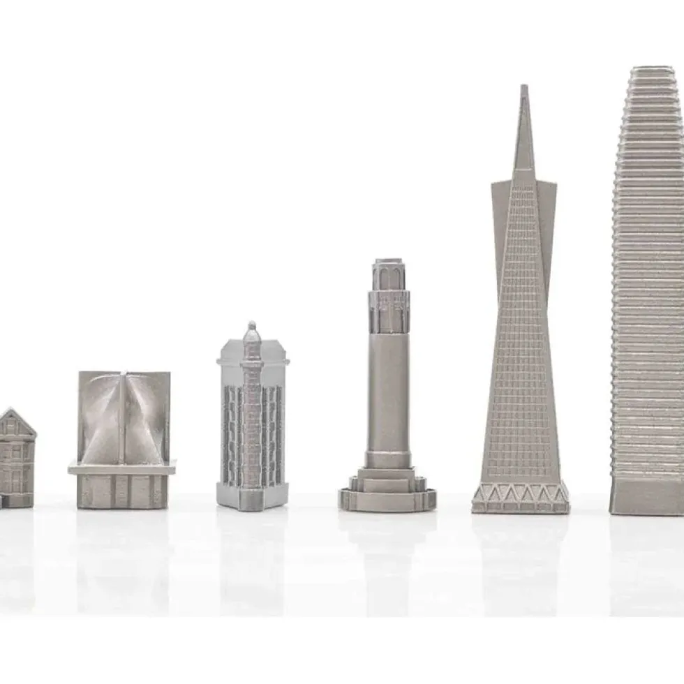 San Francisco Edition Stainless Steel Chess Set with Wood Map Board