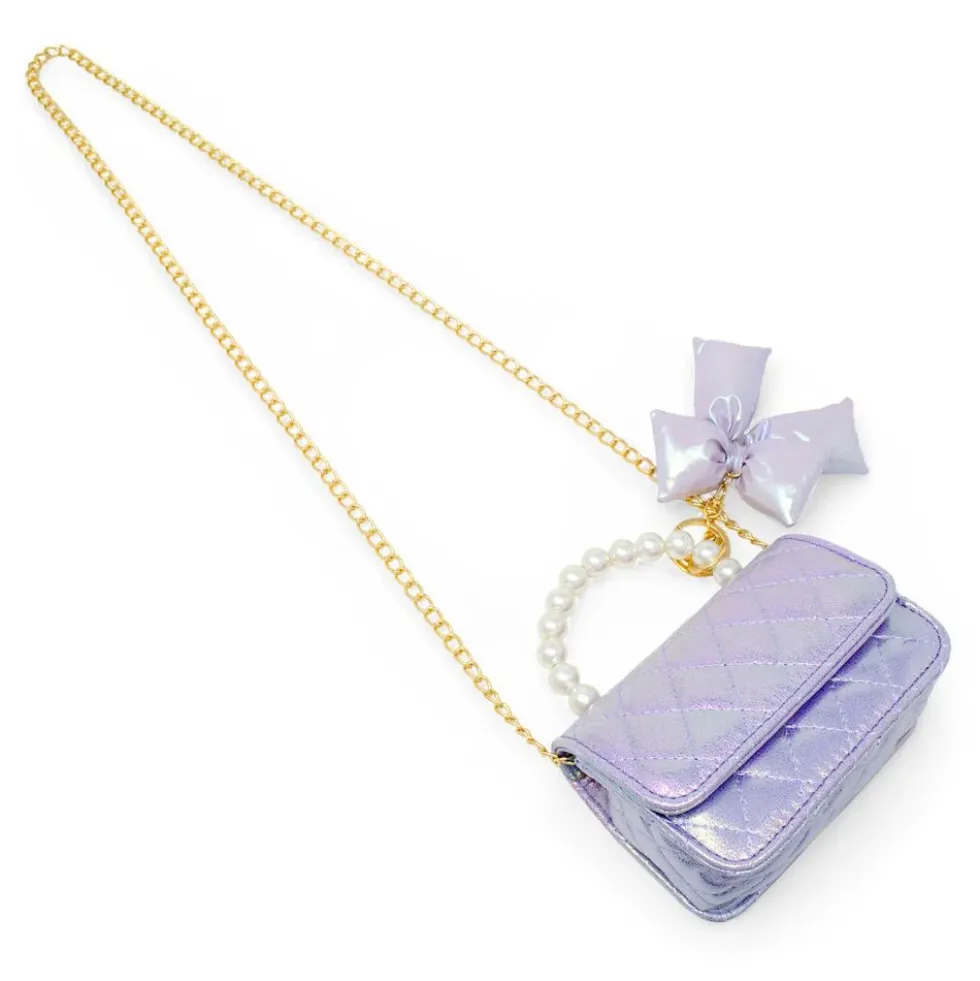 Shiny Quilted Fluffy Bow Handbag - Purple