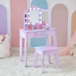 Stardust Gisele Wood Vanity Table with LED Mirror & Drawer - Purple