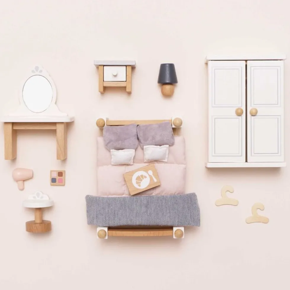 Wooden Dollhouse Bedroom Furniture Set - 19 Pieces