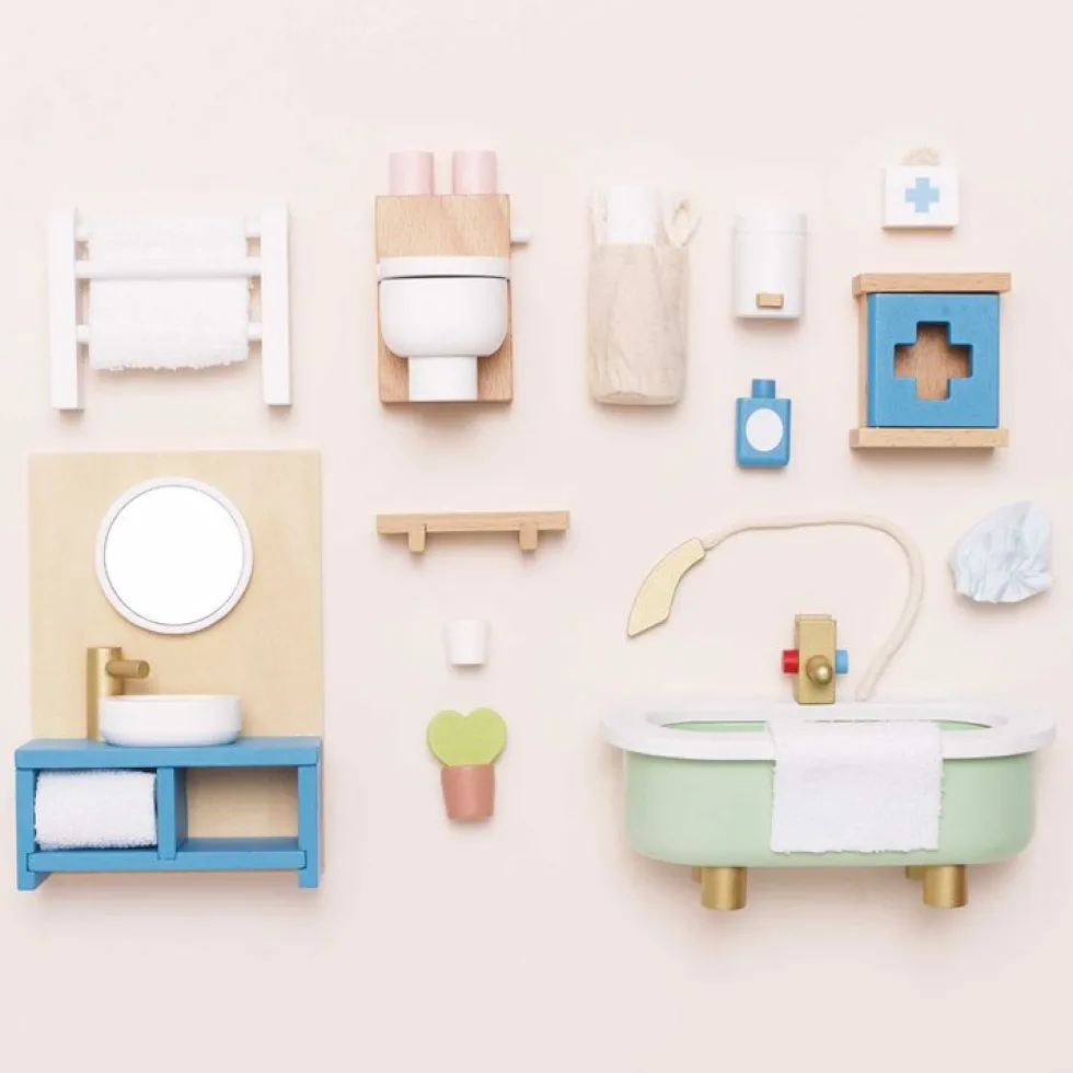 Wooden Dollhouse 19 Piece Bathroom Furniture Set